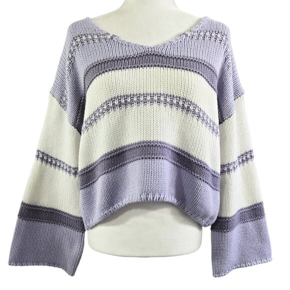 Sincerely Jules Lavender White Stripe Flare Sleeve Cropped Sweater Slouchy - Picture 1 of 8